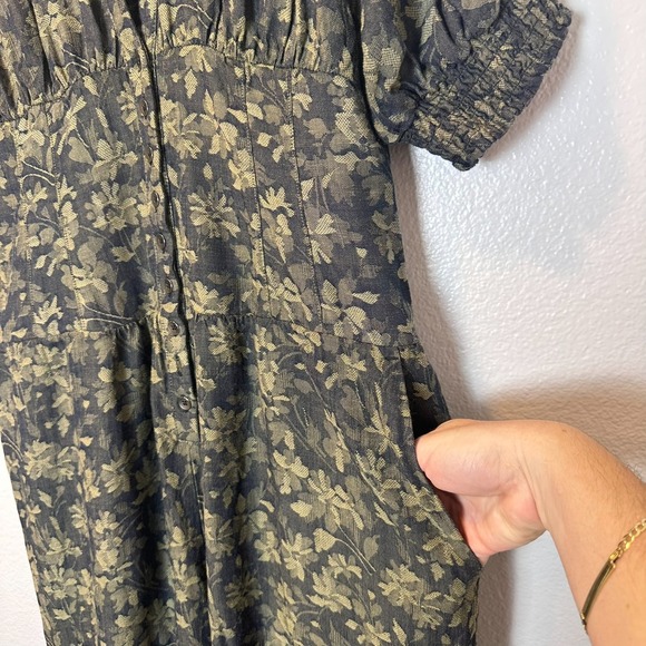 Anthropologie Size-M Women's Jumpsuit Linen Blend Floral Puff Sleeve - Picture 7 of 16